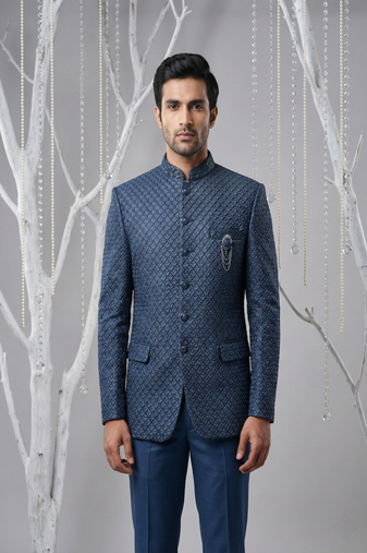 Navy thread and sequins embroidered bandhgala on silk