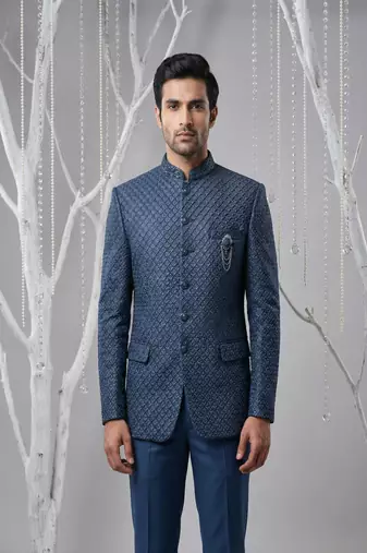 Navy thread and sequins embroidered bandhgala on silk