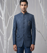 Navy thread and sequins embroidered bandhgala on silk