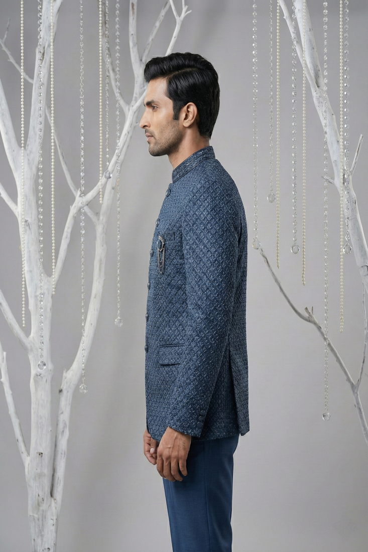 Navy thread and sequins embroidered bandhgala on silk