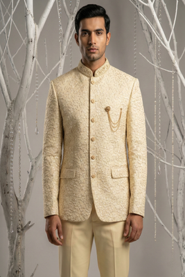 Light fawn thread embroidered bandhgala on silk 1