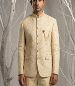 Light fawn thread embroidered bandhgala on silk