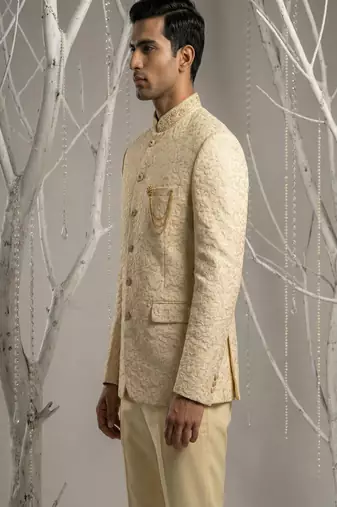 Light fawn thread embroidered bandhgala on silk