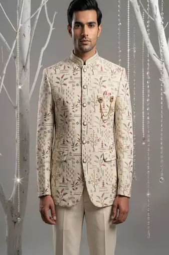 Cream thread and sequins embroidered bandhgala