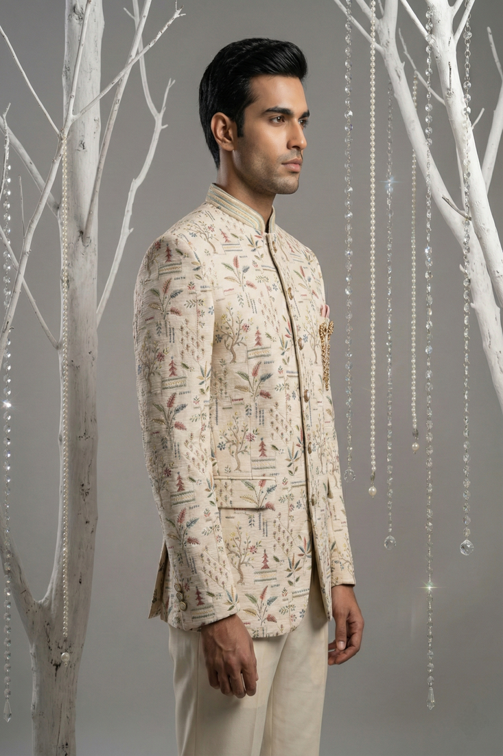 Cream thread and sequins embroidered bandhgala
