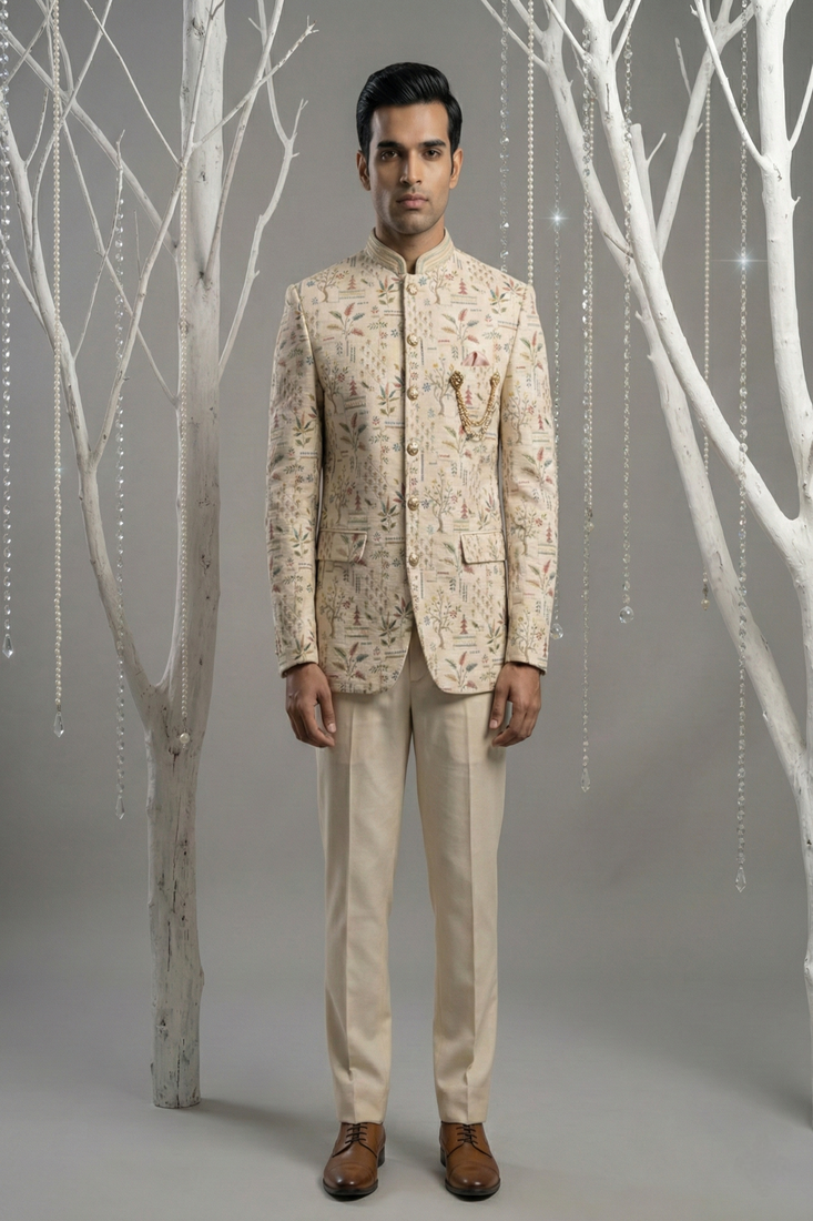 Cream thread and sequins embroidered bandhgala