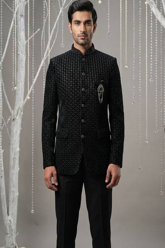 Black thread and cutdana embroidered bandhgala on velvet