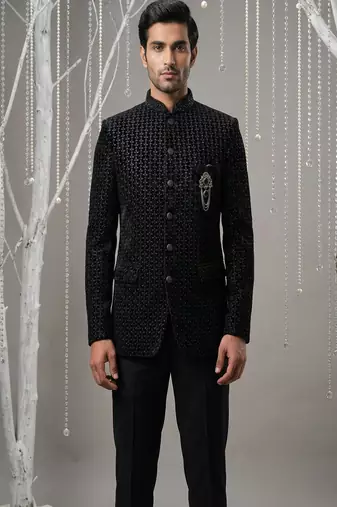 Black thread and cutdana embroidered bandhgala on velvet