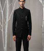 Black thread and cutdana embroidered bandhgala on velvet