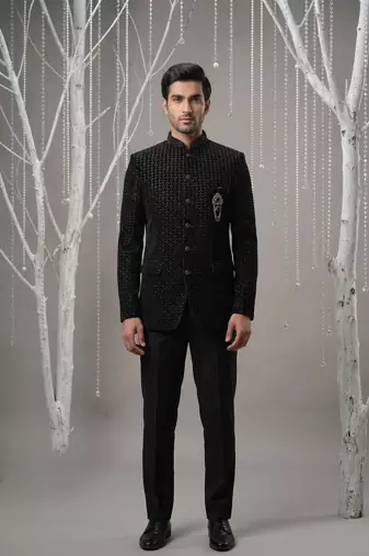 Black thread and cutdana embroidered bandhgala on velvet