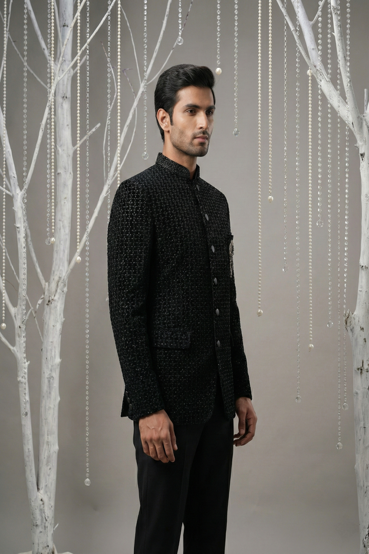 Black thread and cutdana embroidered bandhgala on velvet