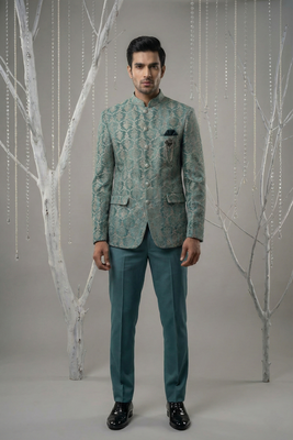 Turqois thread and zari embroidered bandhgala on velvet 1