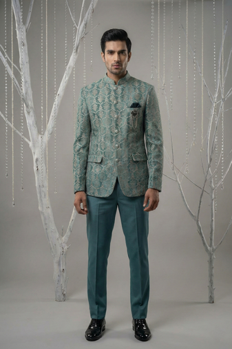 Turqois thread and zari embroidered bandhgala on velvet