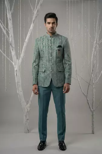 Turqois thread and zari embroidered bandhgala on velvet