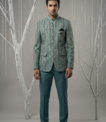 Turqois thread and zari embroidered bandhgala on velvet