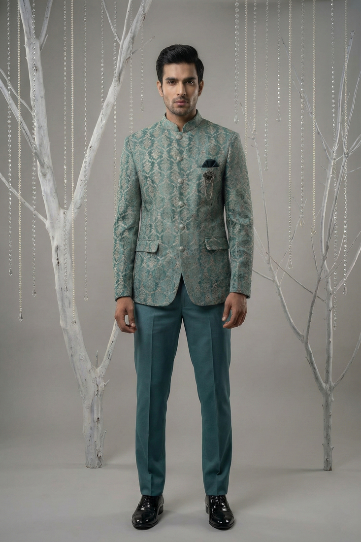 Turqois thread and zari embroidered bandhgala on velvet