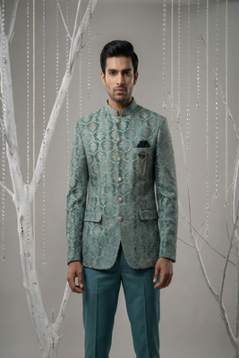 Turqois thread and zari embroidered bandhgala on velvet 2