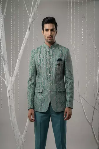 Turqois thread and zari embroidered bandhgala on velvet