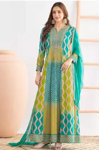 Multi color chinon silk digital print anarkali suit