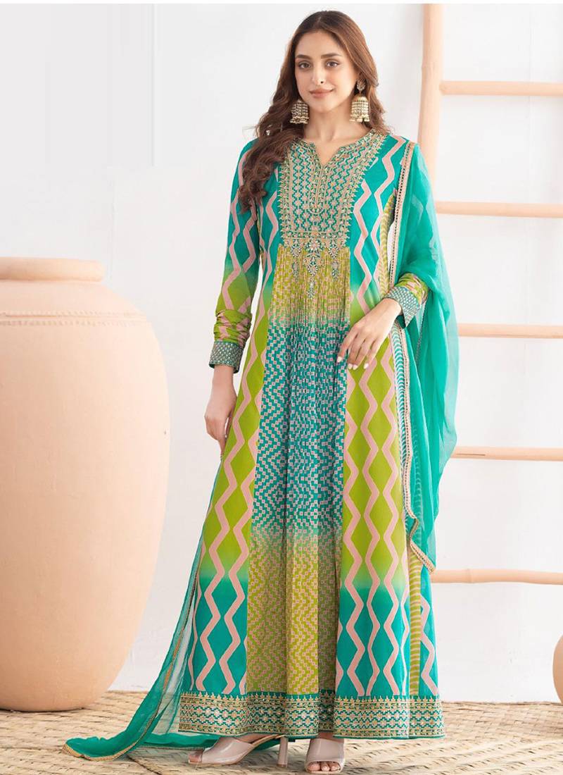 Multi color chinon silk digital print anarkali suit