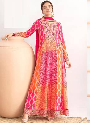 Multi color chinon silk digital print anarkali suit 1