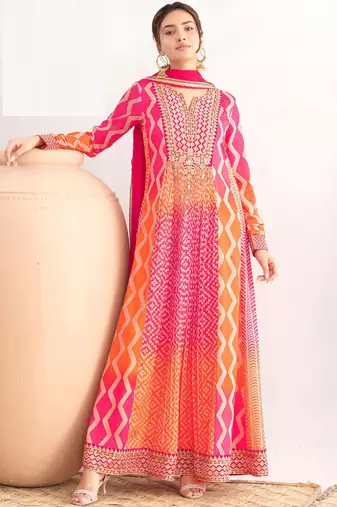 Multi color chinon silk digital print anarkali suit