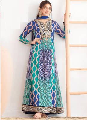 Multi color chinon silk digital print anarkali suit 1