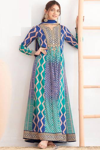 Multi color chinon silk digital print anarkali suit