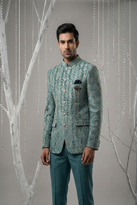 Turqois thread and zari embroidered bandhgala on velvet 3