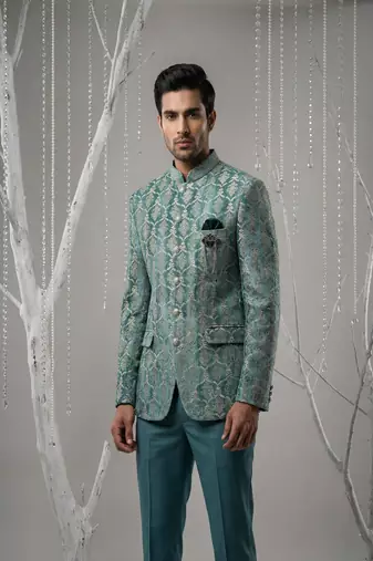 Turqois thread and zari embroidered bandhgala on velvet