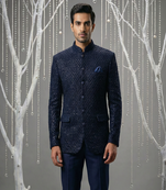 Navy thread and cutdana embroidered bandhgala on velvet