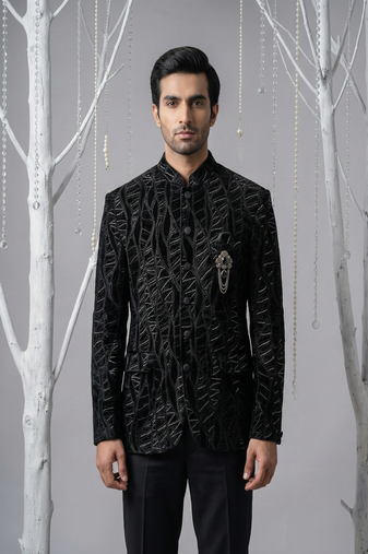 Black thread and zari embroidered bandhgala on velvet