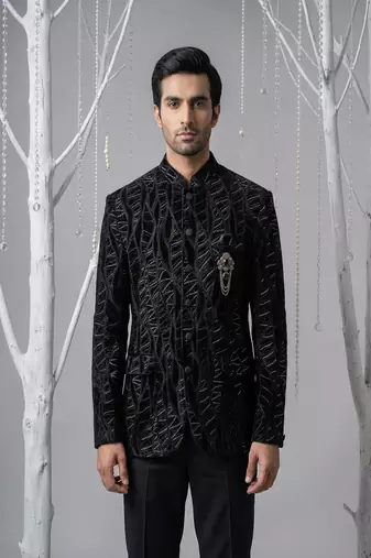 Black thread and zari embroidered bandhgala on velvet