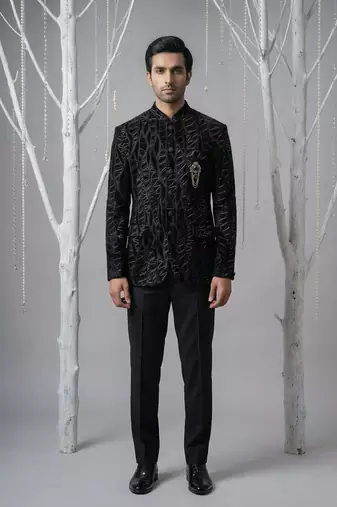 Black thread and zari embroidered bandhgala on velvet
