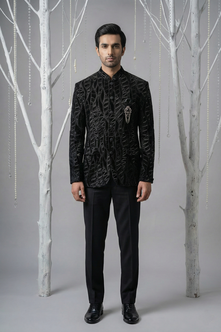 Black thread and zari embroidered bandhgala on velvet