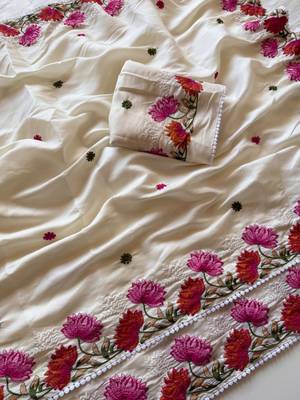 White Color Embroidered Tussar Silk Saree 1