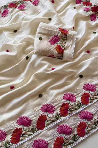 White Color Embroidered Tussar Silk Saree