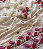 White Color Embroidered Tussar Silk Saree