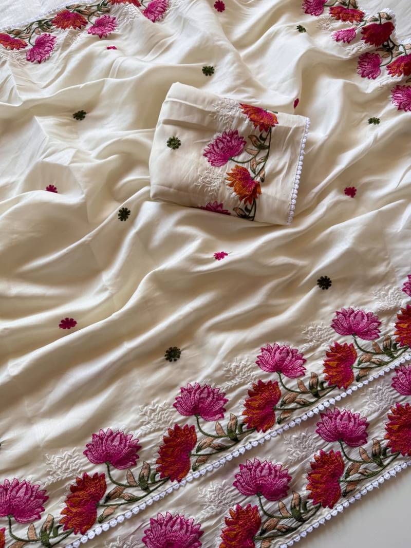 White Color Embroidered Tussar Silk Saree