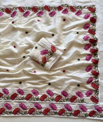 White Color Embroidered Tussar Silk Saree 2