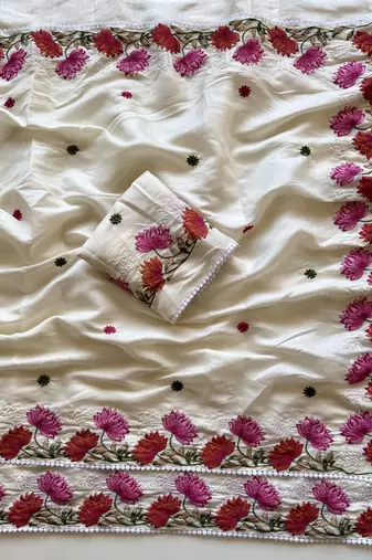 White Color Embroidered Tussar Silk Saree