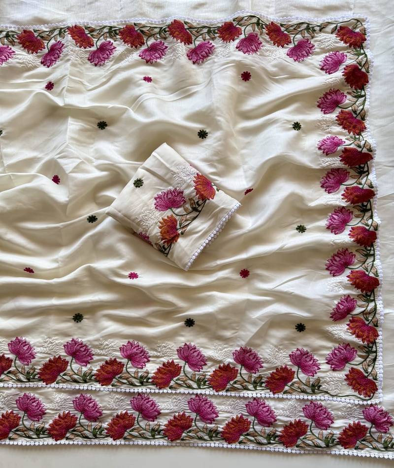 White Color Embroidered Tussar Silk Saree