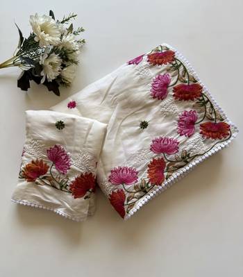White Color Embroidered Tussar Silk Saree 3