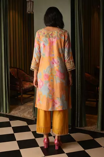 Yellow embroidered crepe kurta set