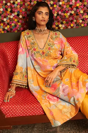 Yellow embroidered crepe kurta set