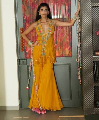 Yellow embroidered organza co ord set 1