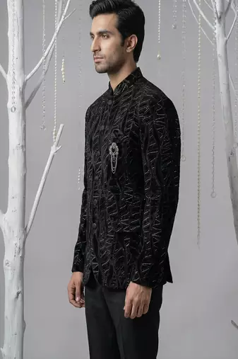 Black thread and zari embroidered bandhgala on velvet