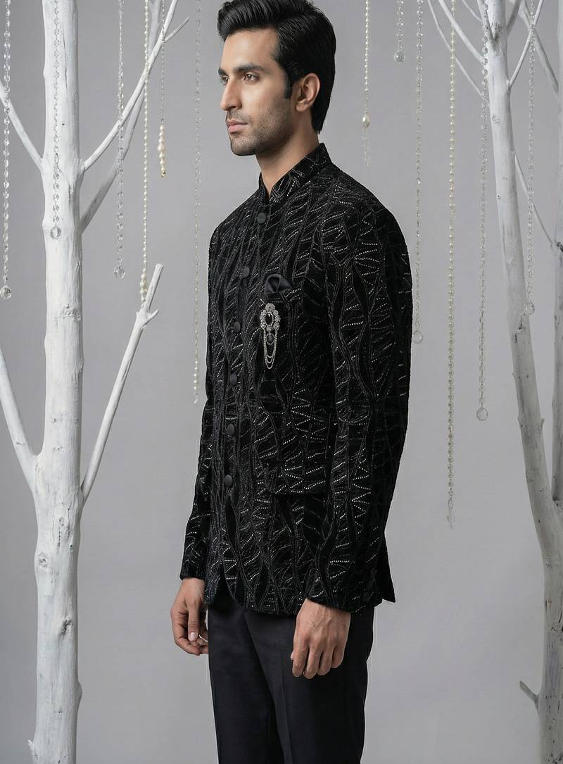 Black thread and zari embroidered bandhgala on velvet