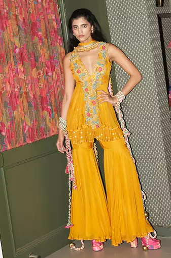 Yellow embroidered organza co ord set