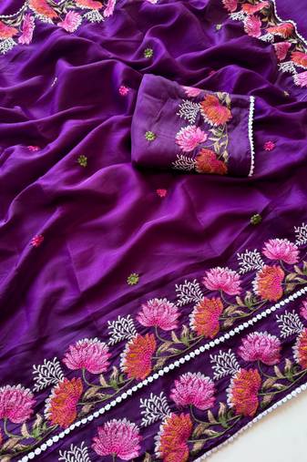 Purple Color Embroidered Tussar Silk Saree